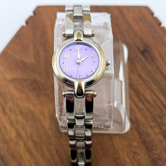 Fossil F2 Women's Silver Tone Purple Quartz Dial Watch ES-9094 Retro Link Y2K - Picture 1 of 7